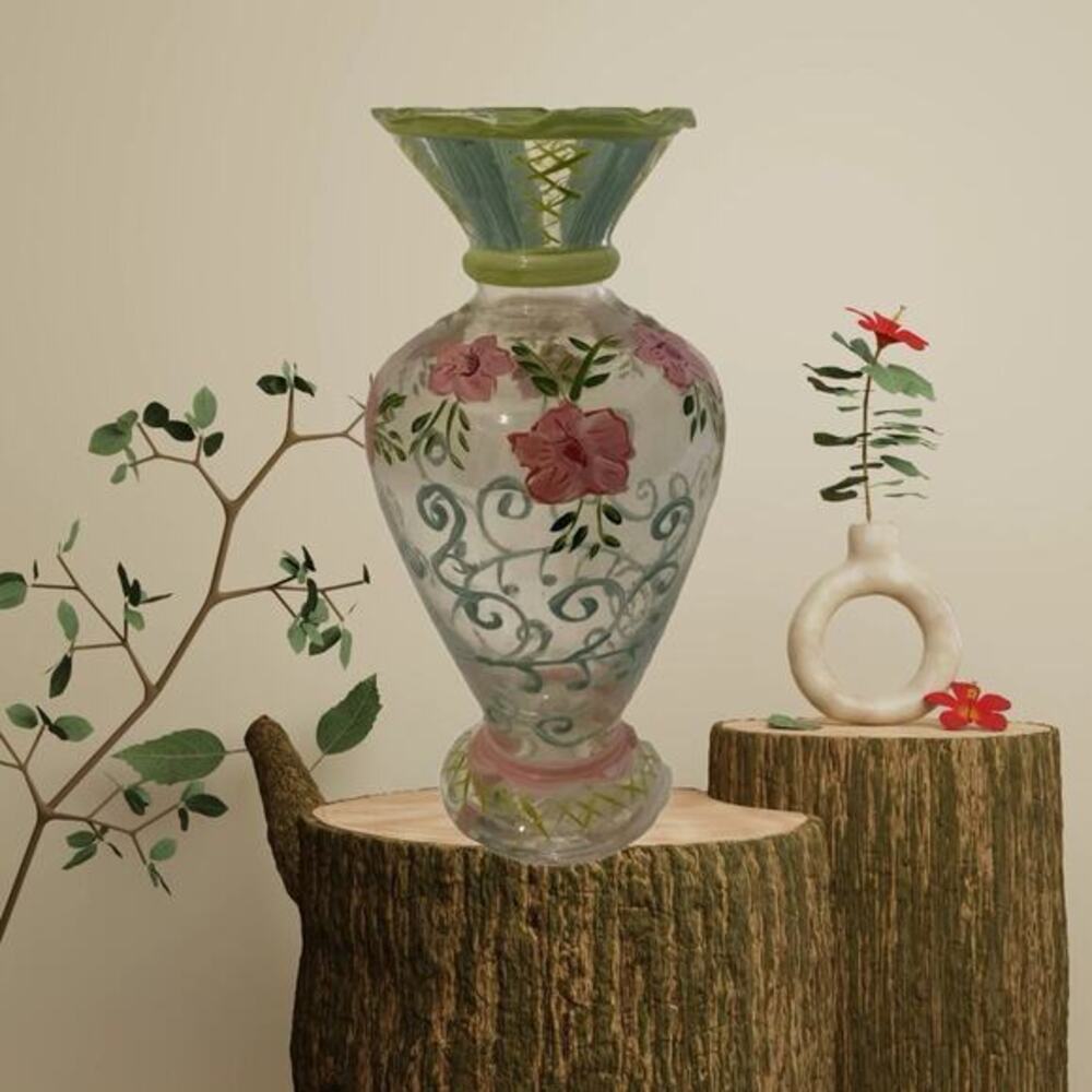 Vintage Tracy Porter Hand-Painted Glass Bud Vase Pink Floral Ruffled Rim 6.5”